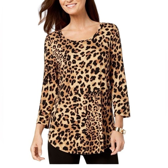 JM COLLECTION leopard‎ 3/4-Sleeve Printed tunic - Picture 1 of 7